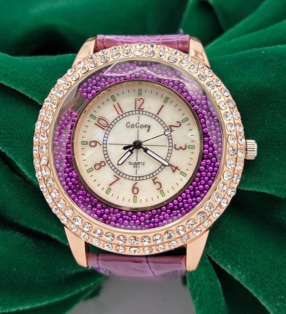 GoGoey Floating Caviar Bead Watch Purple Rhinestone Rose Gold Band WORKING